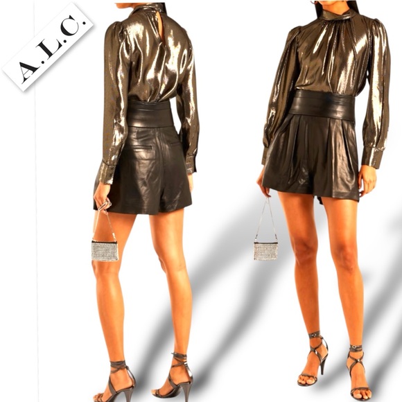 A.L.C. Lydia Blouse Silk Metallic Liquid Mock Neck In Black & Gold Size 2